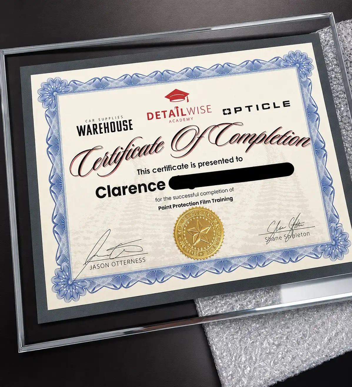 DetailWise Academy Paint Protection Film Training — certificate of completion